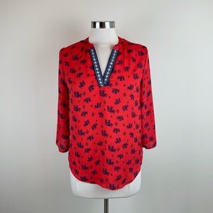 Society Girl Red Navy Blue Elephants Blouse Top Women Size Small
